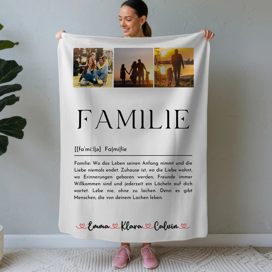 Personalisierte Namensdecke mit Fotocollage Familie und Definition Familie für einzigartige Geschenke 1