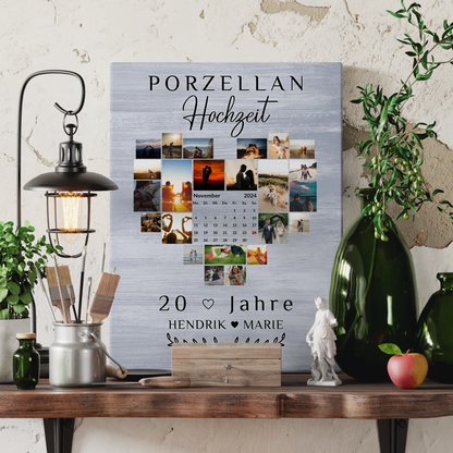 Leinwand mit Kalender 20 Hochzeitstag Geschenk Porzellanhochzeit