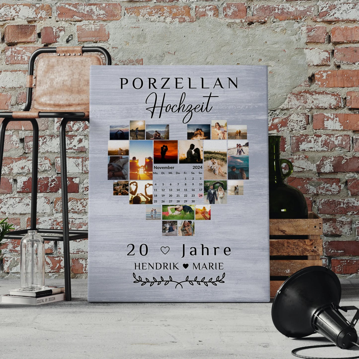 Leinwand mit Kalender 20 Hochzeitstag Geschenk Porzellanhochzeit
