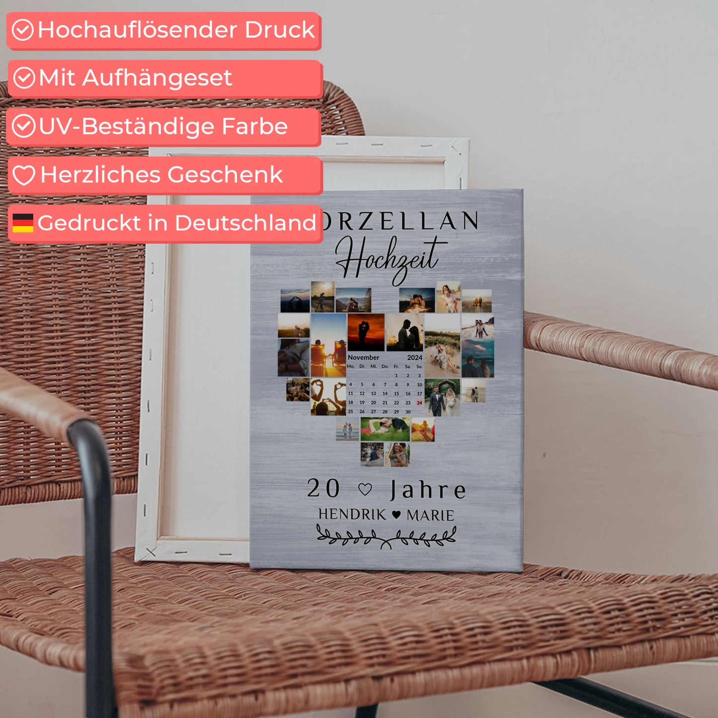 Leinwand mit Kalender 20 Hochzeitstag Geschenk Porzellanhochzeit