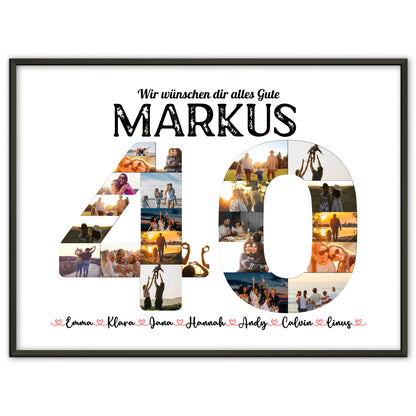 Geburtstagsposter personalisiert 40 Geburstag mit Name & Fotos in Zahlen