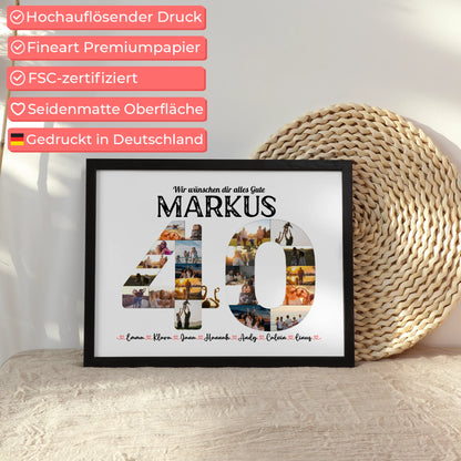 Geburtstagsposter personalisiert 40 Geburstag mit Name & Fotos in Zahlen