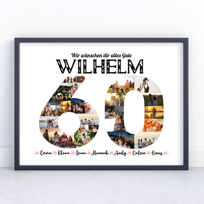 Poster Geschenk personalisiert 60 Geburstag mit Name & Fotos in Zahlen