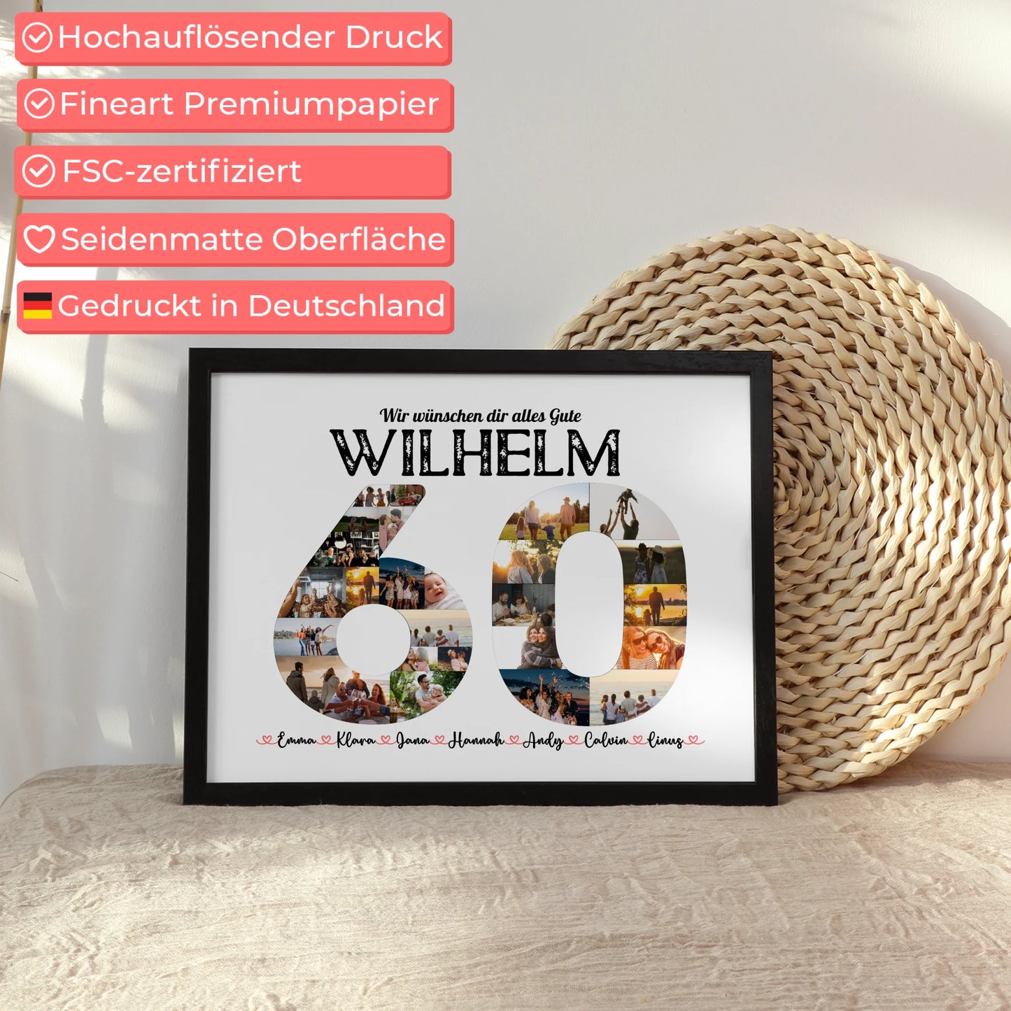 Poster Geschenk personalisiert 60 Geburstag mit Name & Fotos in Zahlen