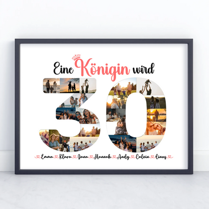 Geschenkposter personalisiert Königin wird 30 Geburtstag mit Fotos in Zahlen