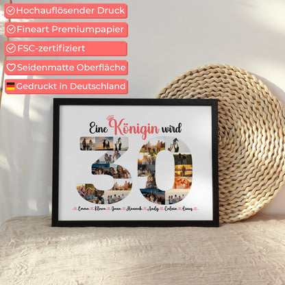 Geschenkposter personalisiert Königin wird 30 Geburtstag mit Fotos in Zahlen
