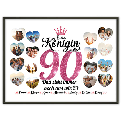 Poster als Geschenkidee Königin wird 90 Geburtstag mit Herz Fotos