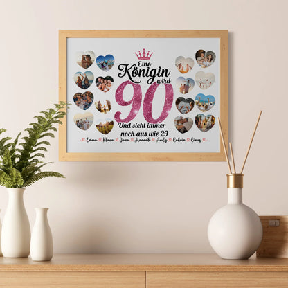 Poster als Geschenkidee Königin wird 90 Geburtstag mit Herz Fotos
