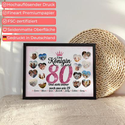 Geschenkposter individuell Königin wird 80 Geburtstag mit Herz Fotos