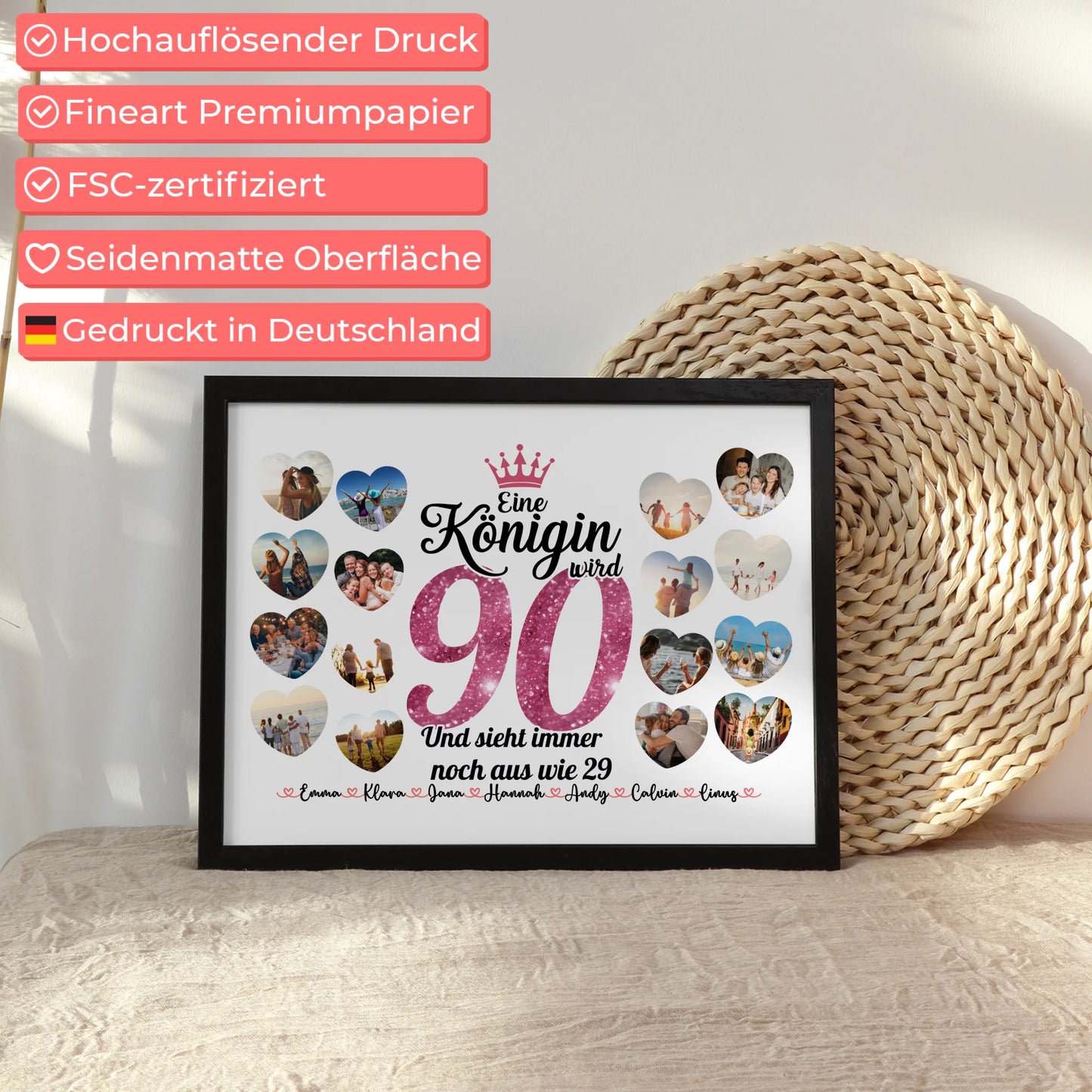 Poster als Geschenkidee Königin wird 90 Geburtstag mit Herz Fotos