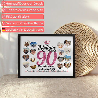 Poster als Geschenkidee Königin wird 90 Geburtstag mit Herz Fotos