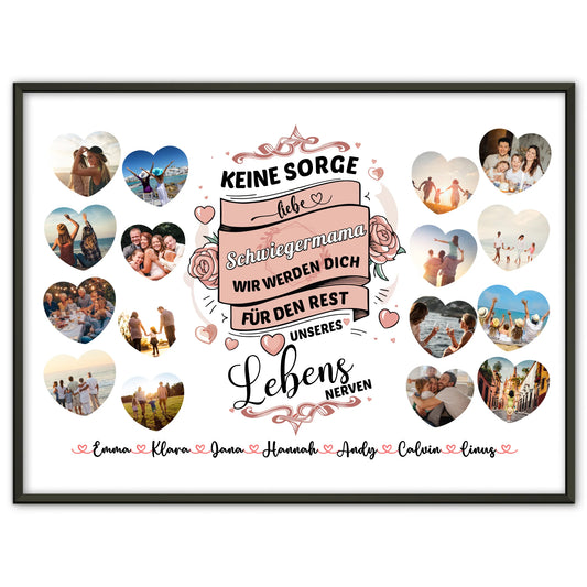 Geschenkposter personalisiert Keine Sorge Schwiegermama 8 Fotos in Herzform