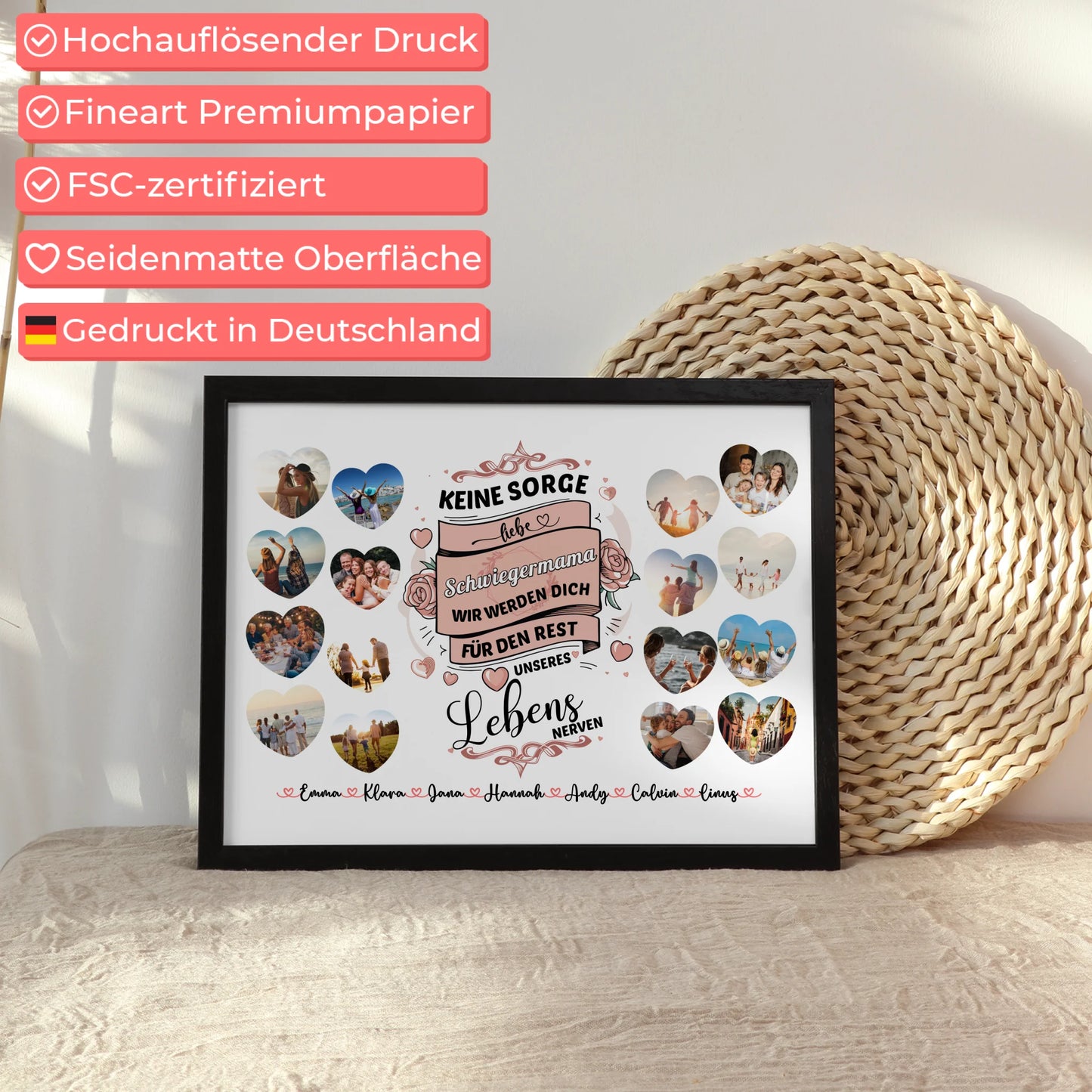 Geschenkposter personalisiert Keine Sorge Schwiegermama 8 Fotos in Herzform