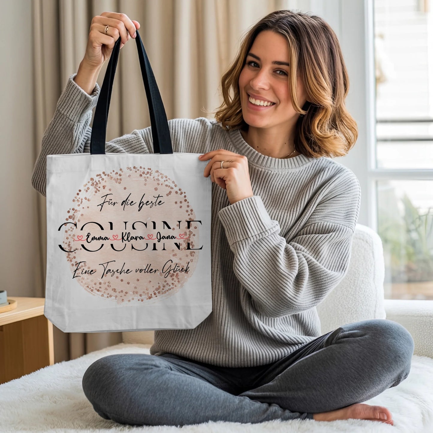 Tasche Mit Namen Personalisiert für Cousine Stoffbeutel mit Hintergrundbild & Wunschtext 2