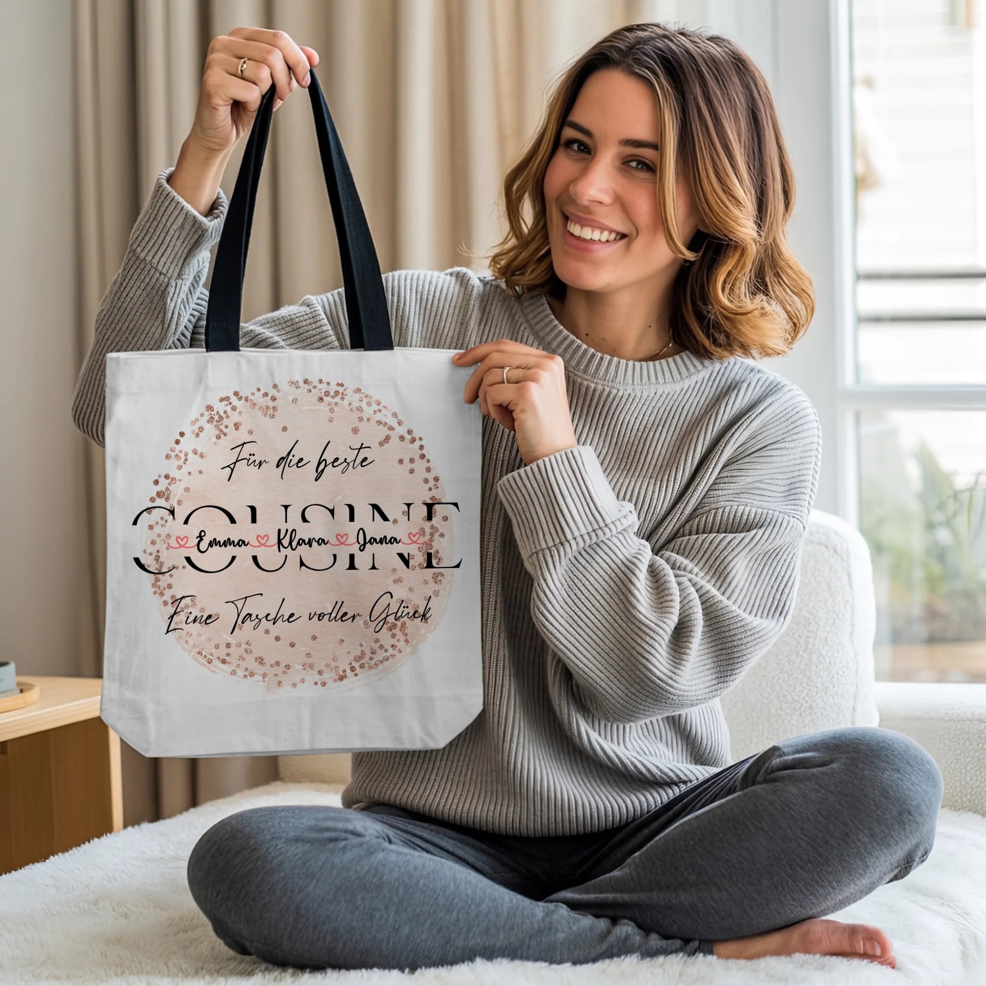 Tasche Mit Namen Personalisiert für Cousine Stoffbeutel mit Hintergrundbild & Wunschtext 2