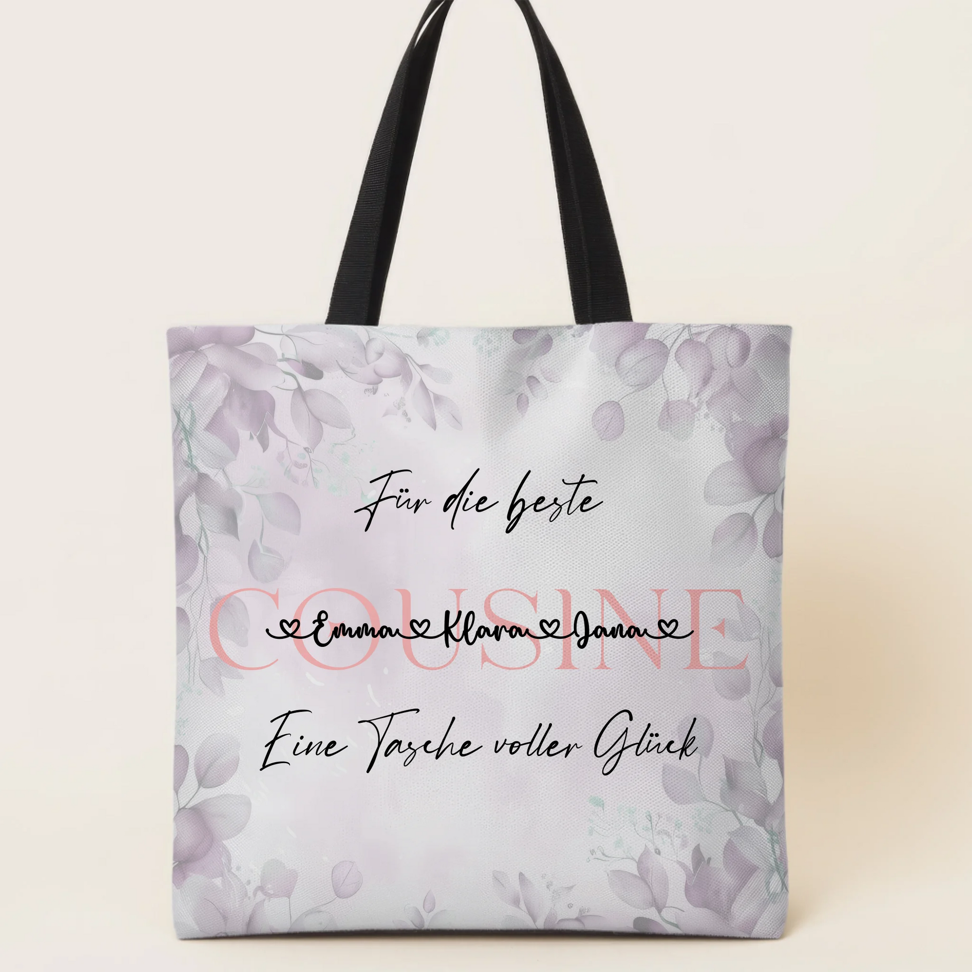 Tasche Mit Namen Personalisiert Cousine Eukalyptus Floral mit Hintergrundbild & Wunschtext 1