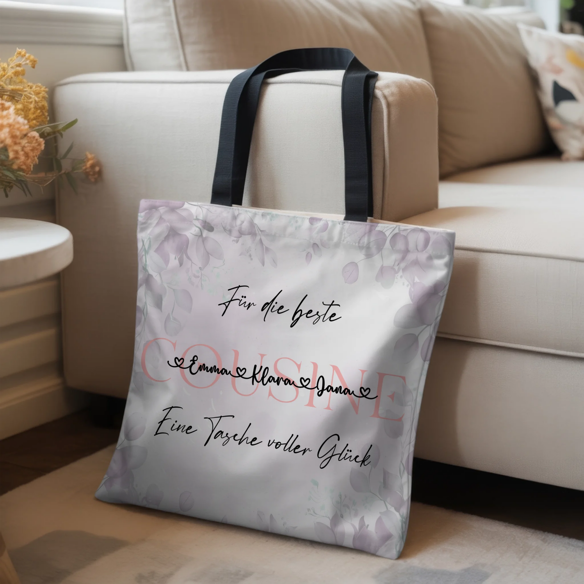 Tasche Mit Namen Personalisiert Cousine Eukalyptus Floral mit Hintergrundbild & Wunschtext 3