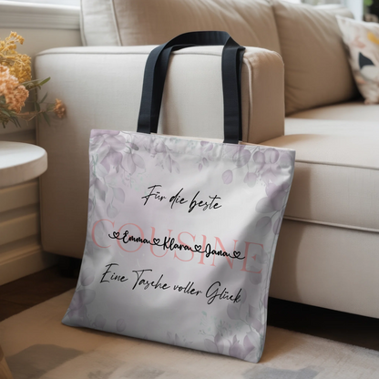 Tasche Mit Namen Personalisiert Cousine Eukalyptus Floral mit Hintergrundbild & Wunschtext 3