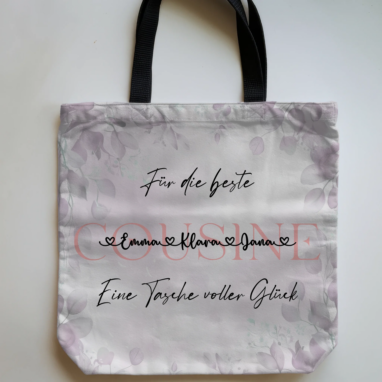 Tasche Mit Namen Personalisiert Cousine Eukalyptus Floral mit Hintergrundbild & Wunschtext 5