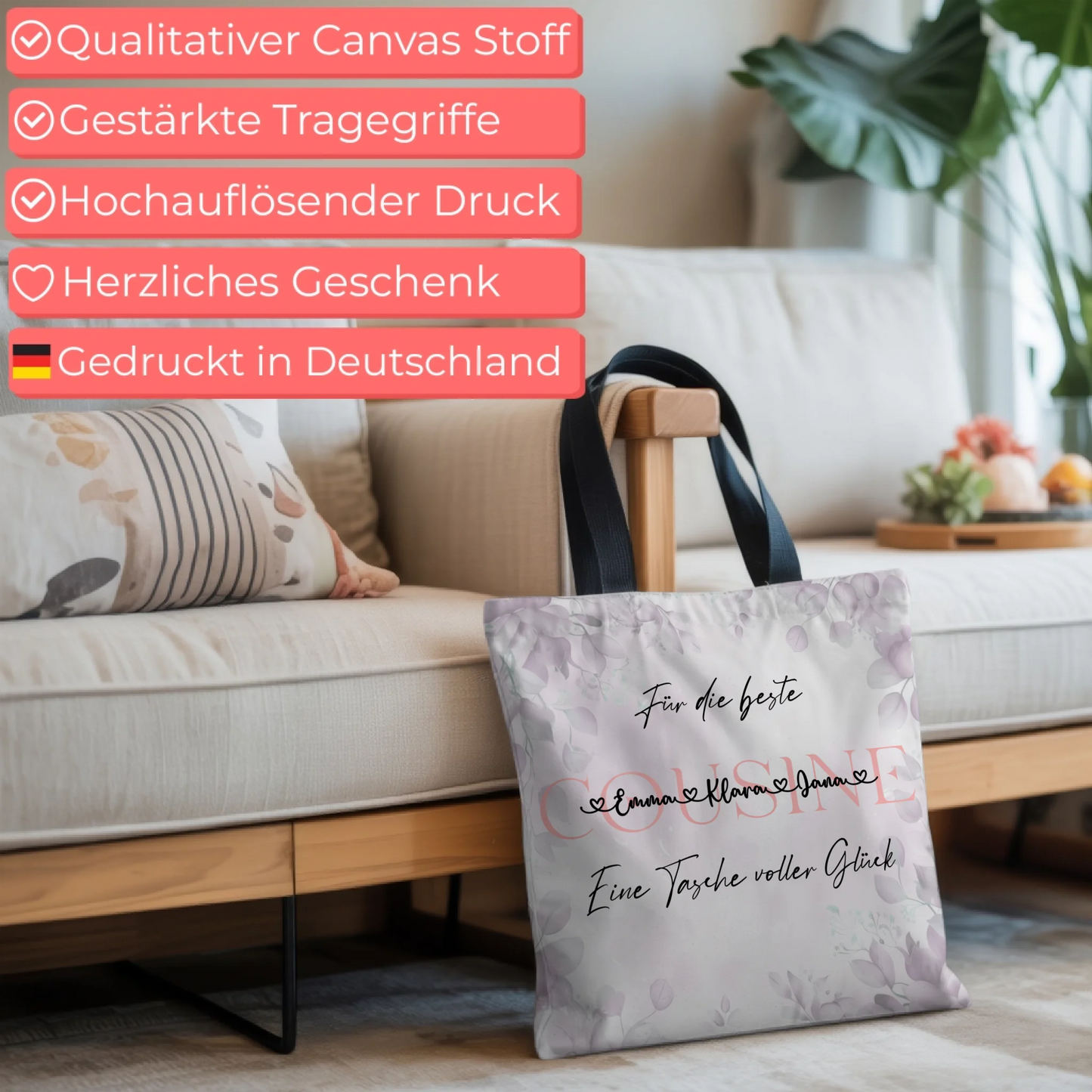 Tasche Mit Namen Personalisiert Cousine Eukalyptus Floral mit Hintergrundbild & Wunschtext 6