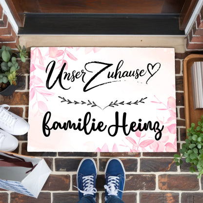 Familien Fußmatte mit Namen Rosa Floral Unser Zuhause personalisiert