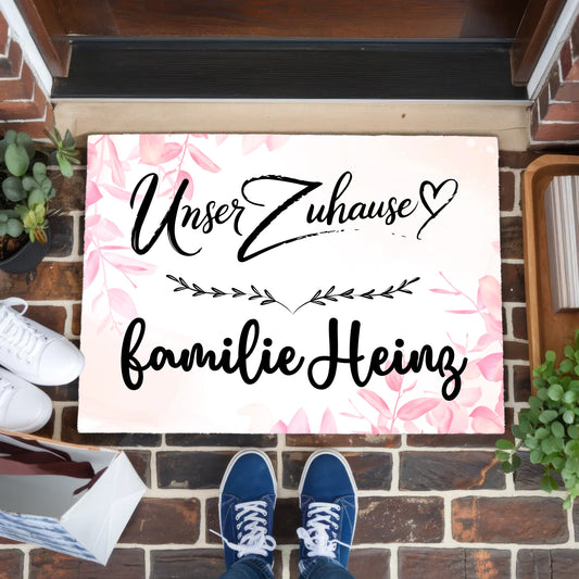 Familien Fußmatte mit Namen Rosa Floral Unser Zuhause personalisiert