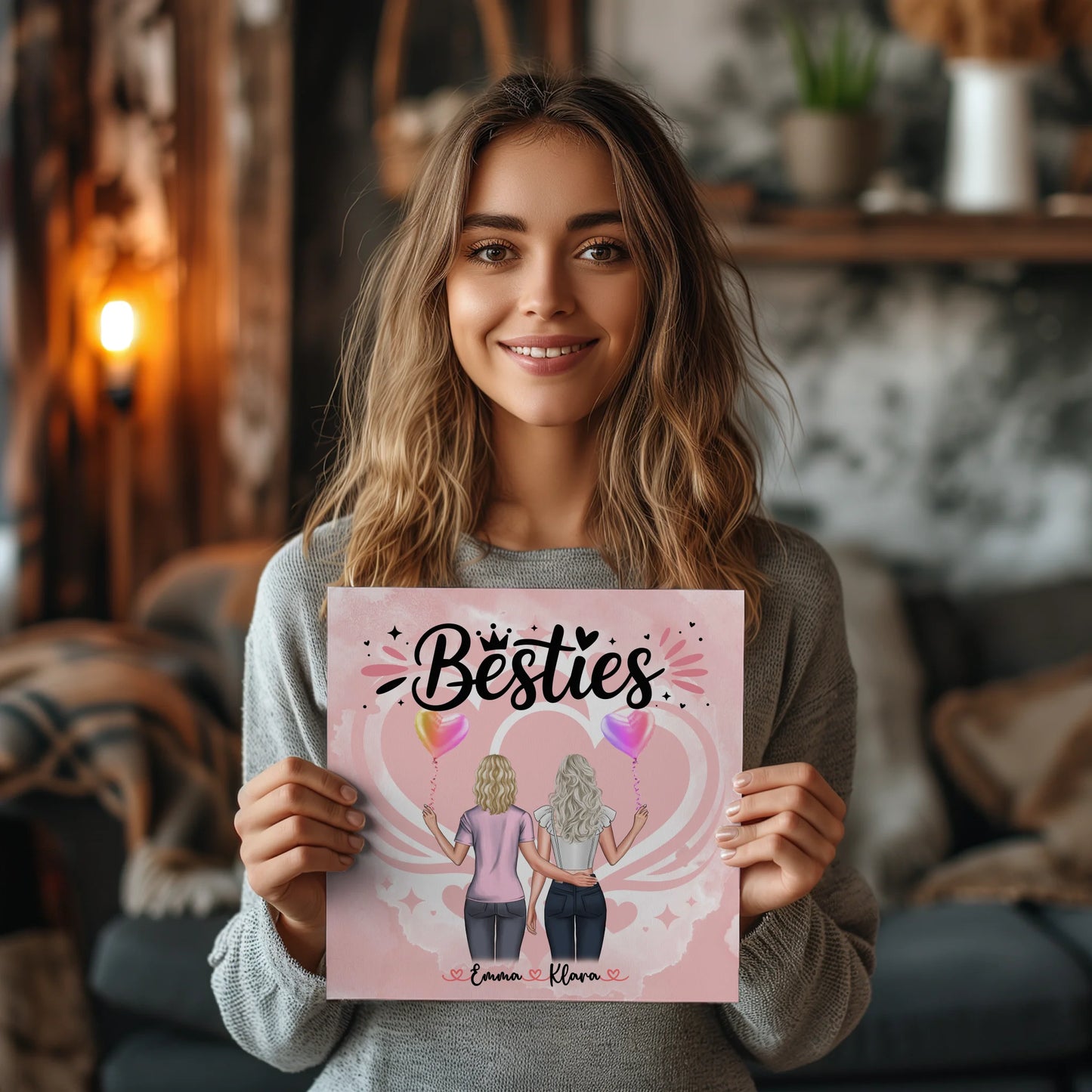 Beste Freundin Geschenk Fotoboard mit 2 Clipart Frauen, Namen, Hintergrundbild & Spruch