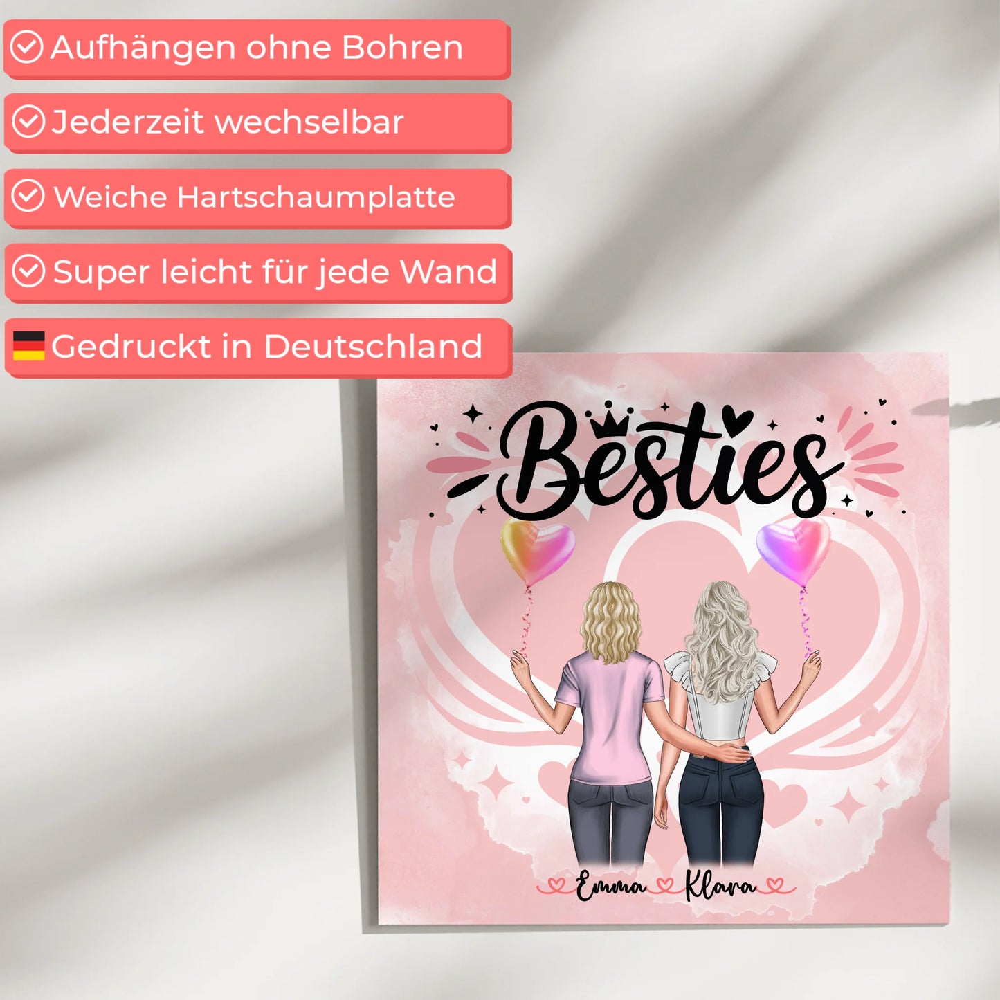 Beste Freundin Geschenk Fotoboard mit 2 Clipart Frauen, Namen, Hintergrundbild & Spruch