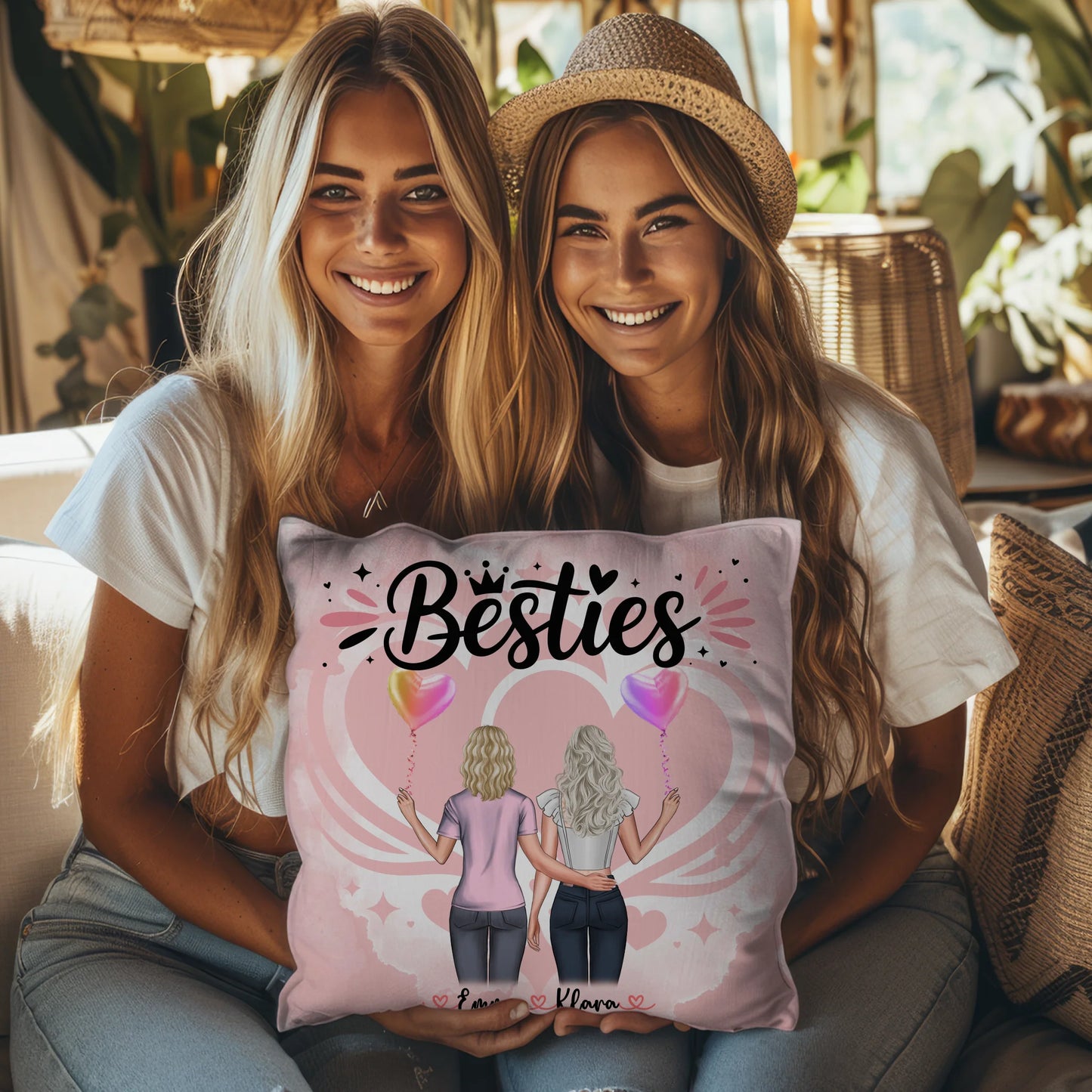 Kissen für beste Freundinnen mit 2 Clipart Frauen, Namen, Hintergrundbild & Wunschtext