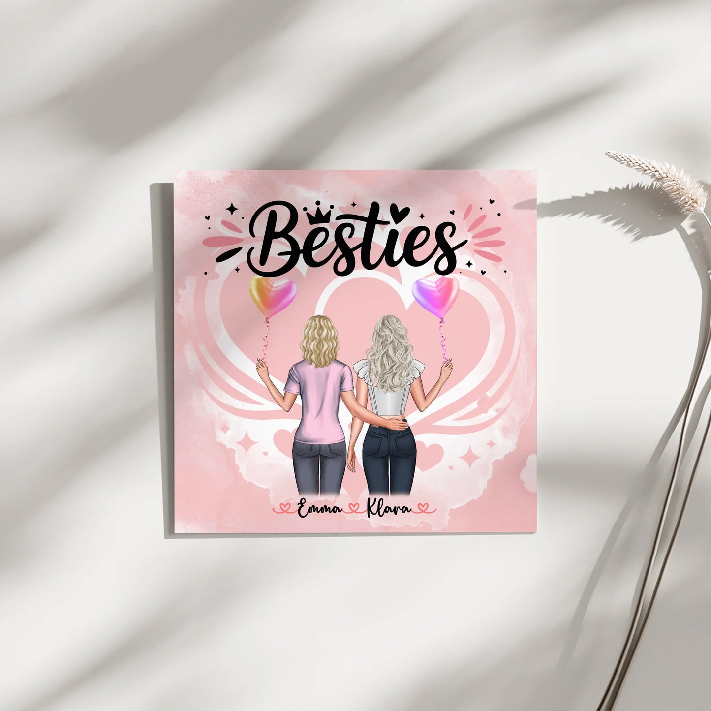 Beste Freundin Geschenk Fotoboard mit 2 Clipart Frauen, Namen, Hintergrundbild & Spruch