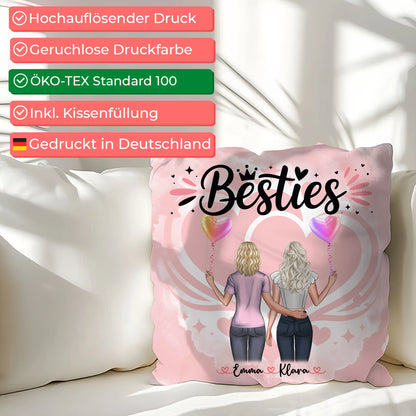 Kissen für beste Freundinnen mit 2 Clipart Frauen, Namen, Hintergrundbild & Wunschtext