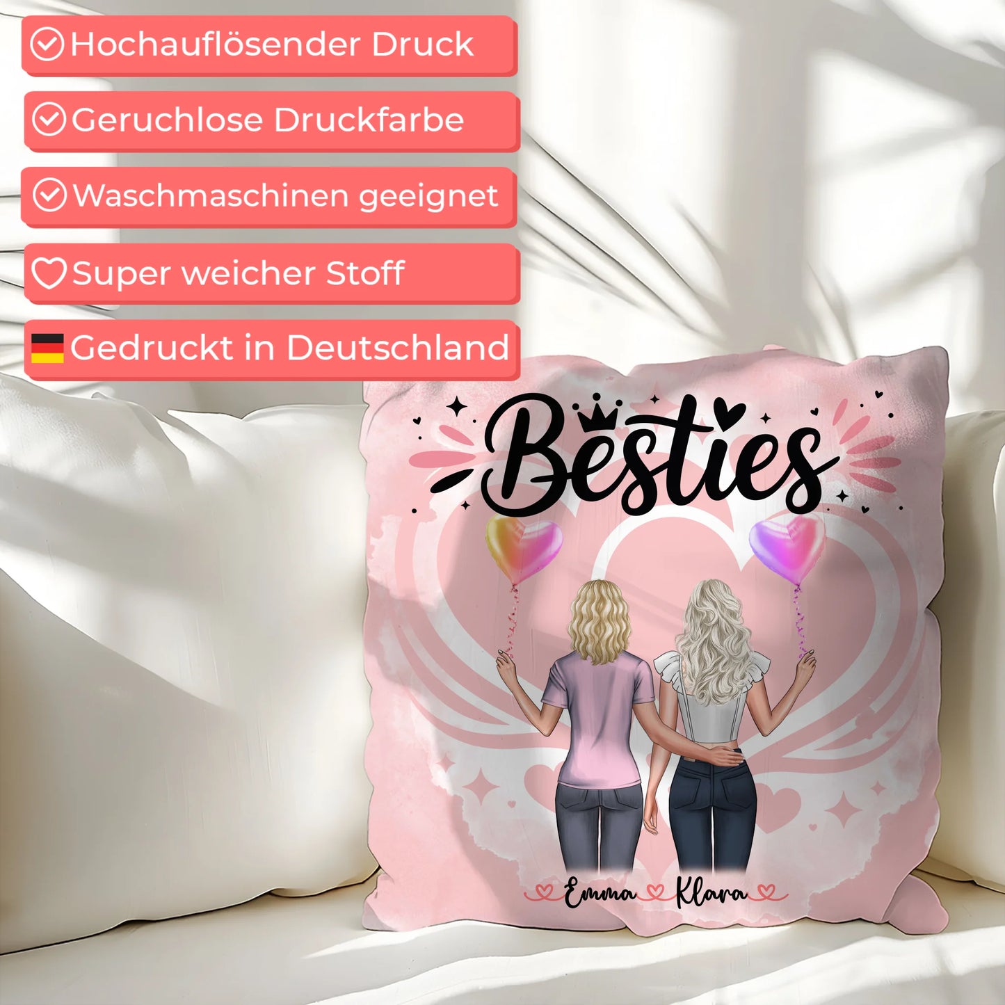 Kissen für beste Freundinnen mit 2 Clipart Frauen, Namen, Hintergrundbild & Wunschtext
