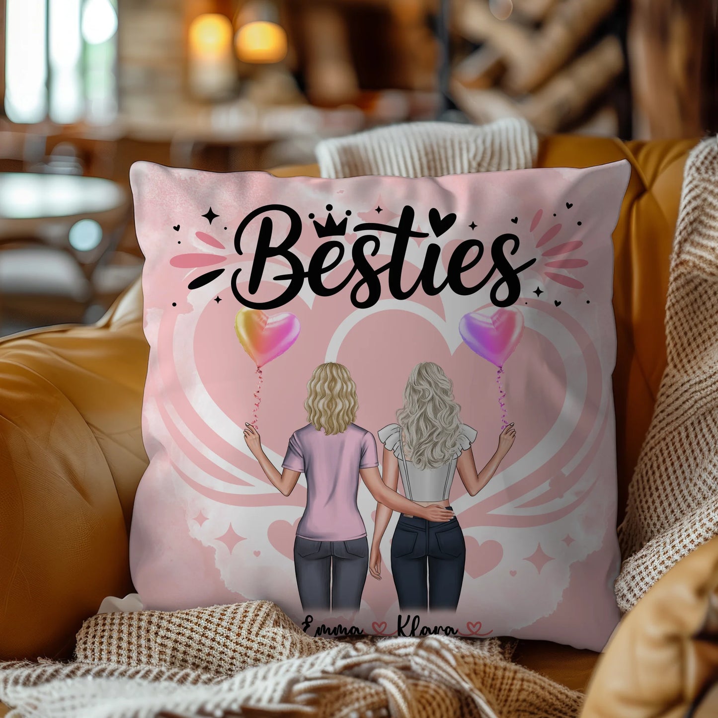 Kissen für beste Freundinnen mit 2 Clipart Frauen, Namen, Hintergrundbild & Wunschtext