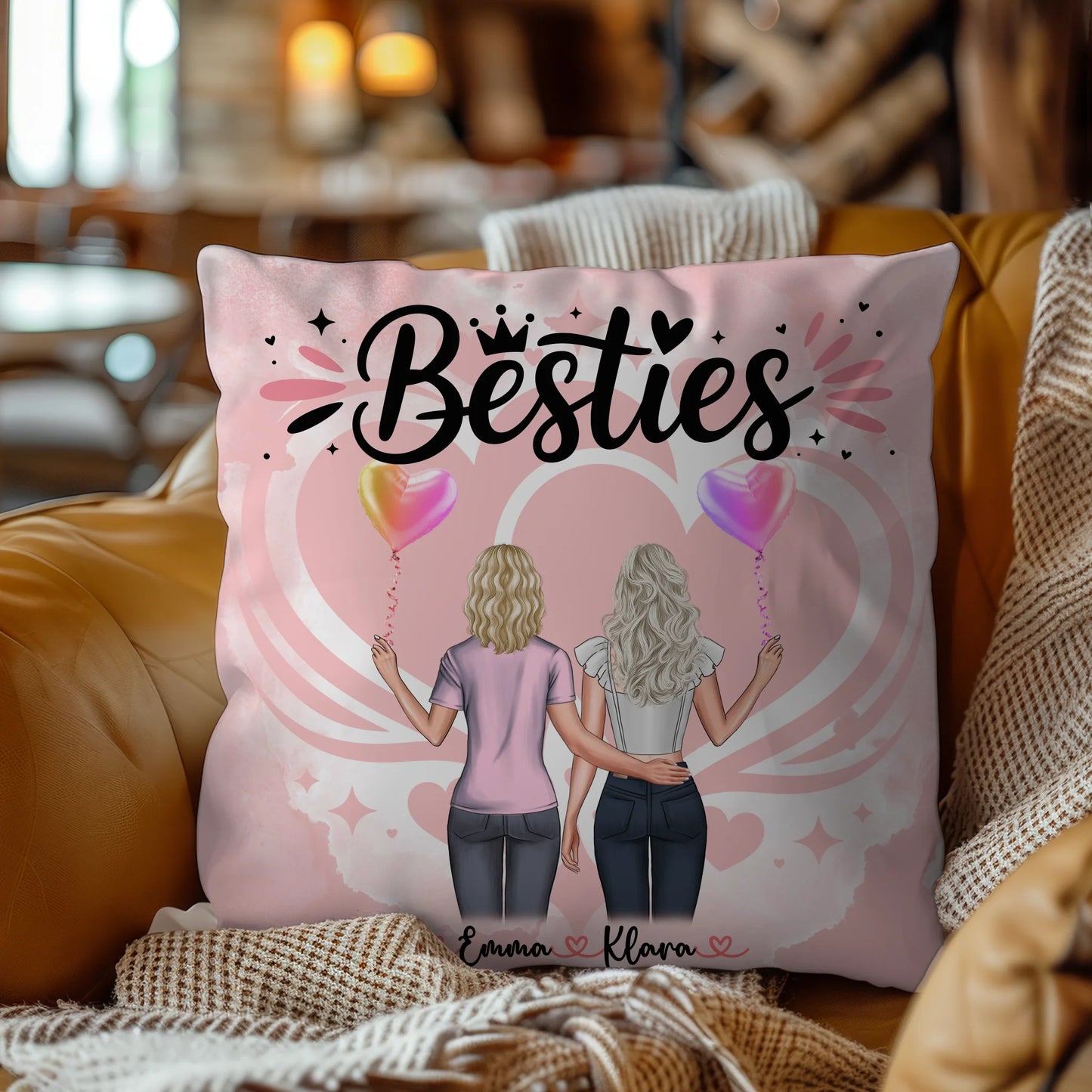 Kissen für beste Freundinnen mit 2 Clipart Frauen, Namen, Hintergrundbild & Wunschtext