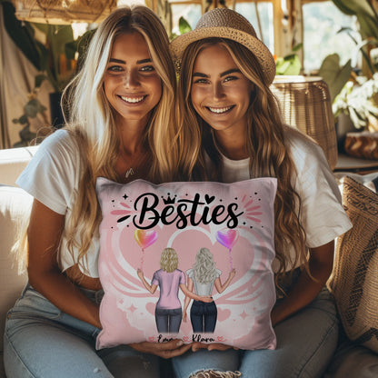 Kissen für beste Freundinnen mit 2 Clipart Frauen, Namen, Hintergrundbild & Wunschtext