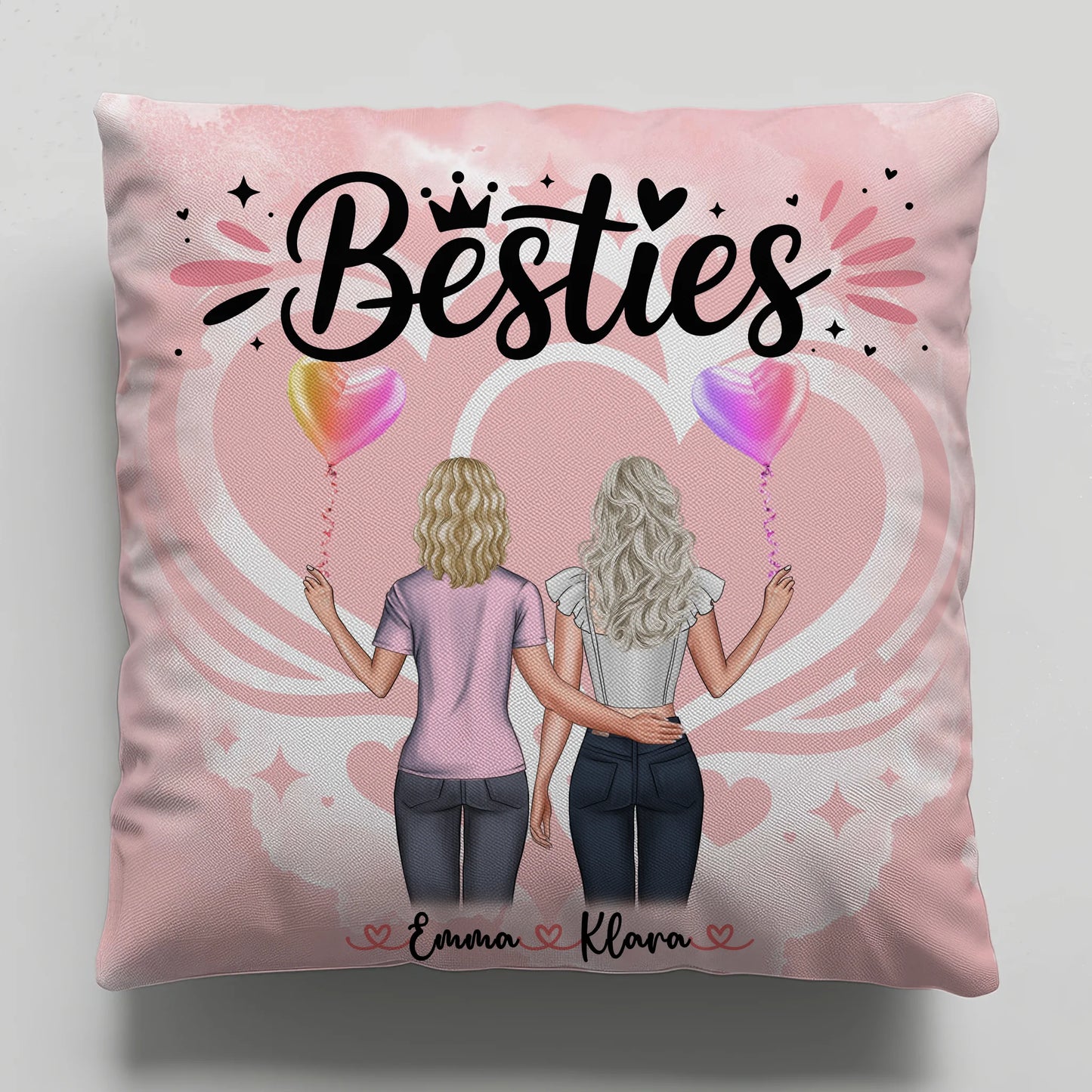 Kissen für beste Freundinnen mit 2 Clipart Frauen, Namen, Hintergrundbild & Wunschtext