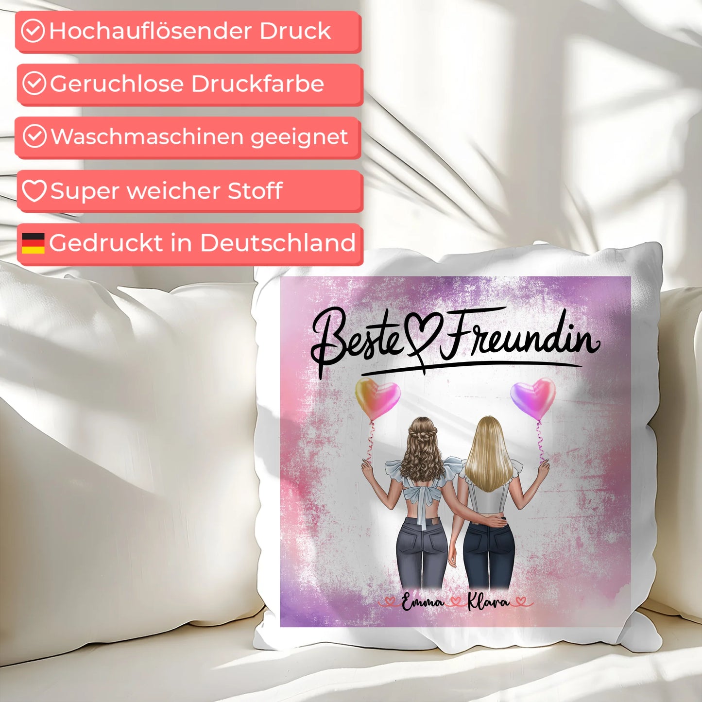 Kissen für beste Freundinnen personalisiert mit 2 Clipart-Frauen Namen & Wunschtext