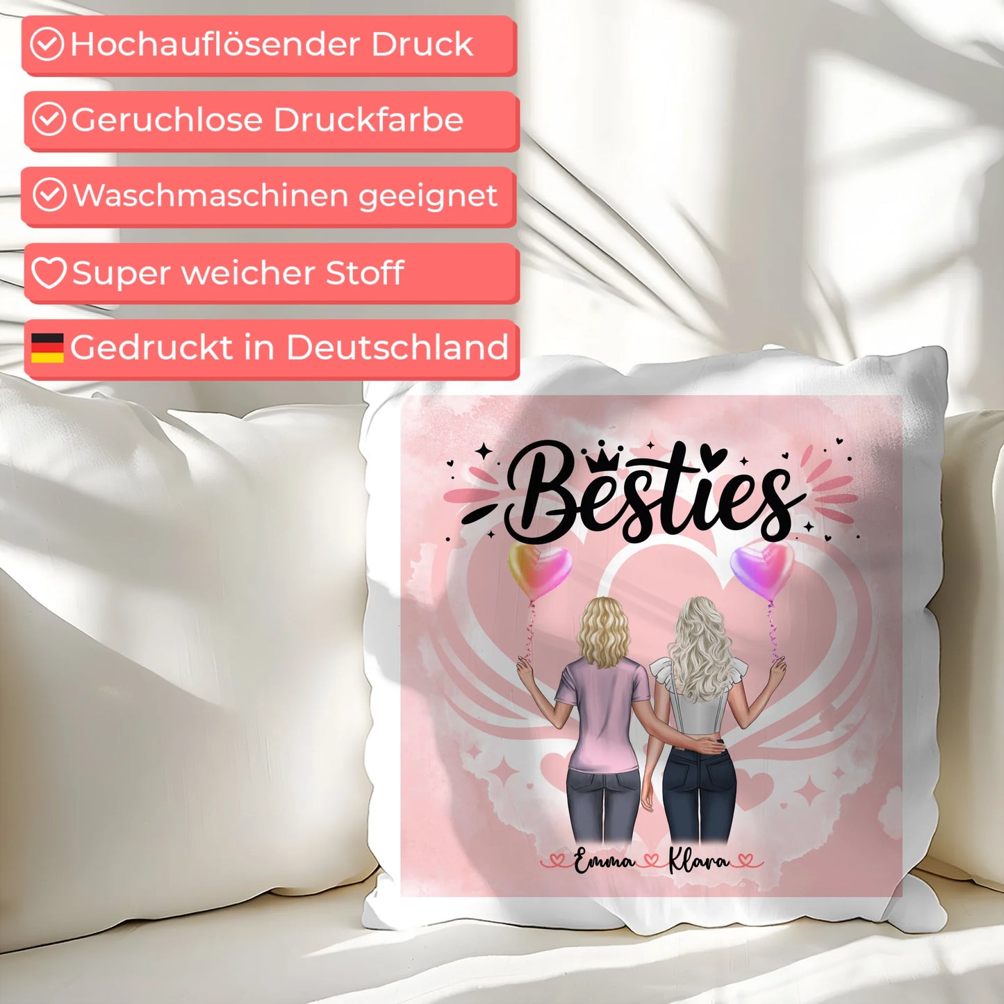 Kissen für beste Freundinnen mit 2 Clipart Frauen, Namen, Hintergrundbild & Wunschtext