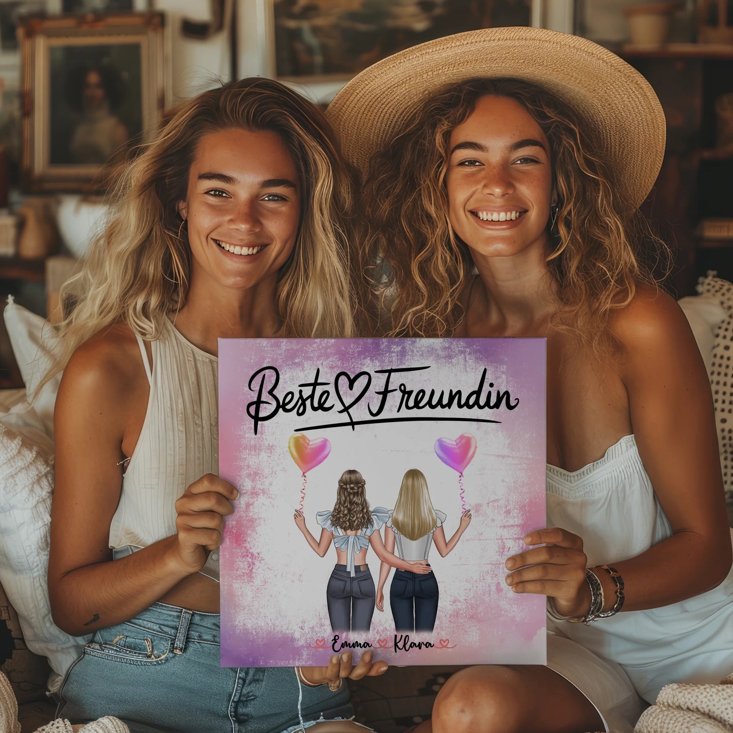 Geschenk beste Freundin personalisierte Leinwand mit 2 Clipart-Frauen, Namen & Wunschtext 2