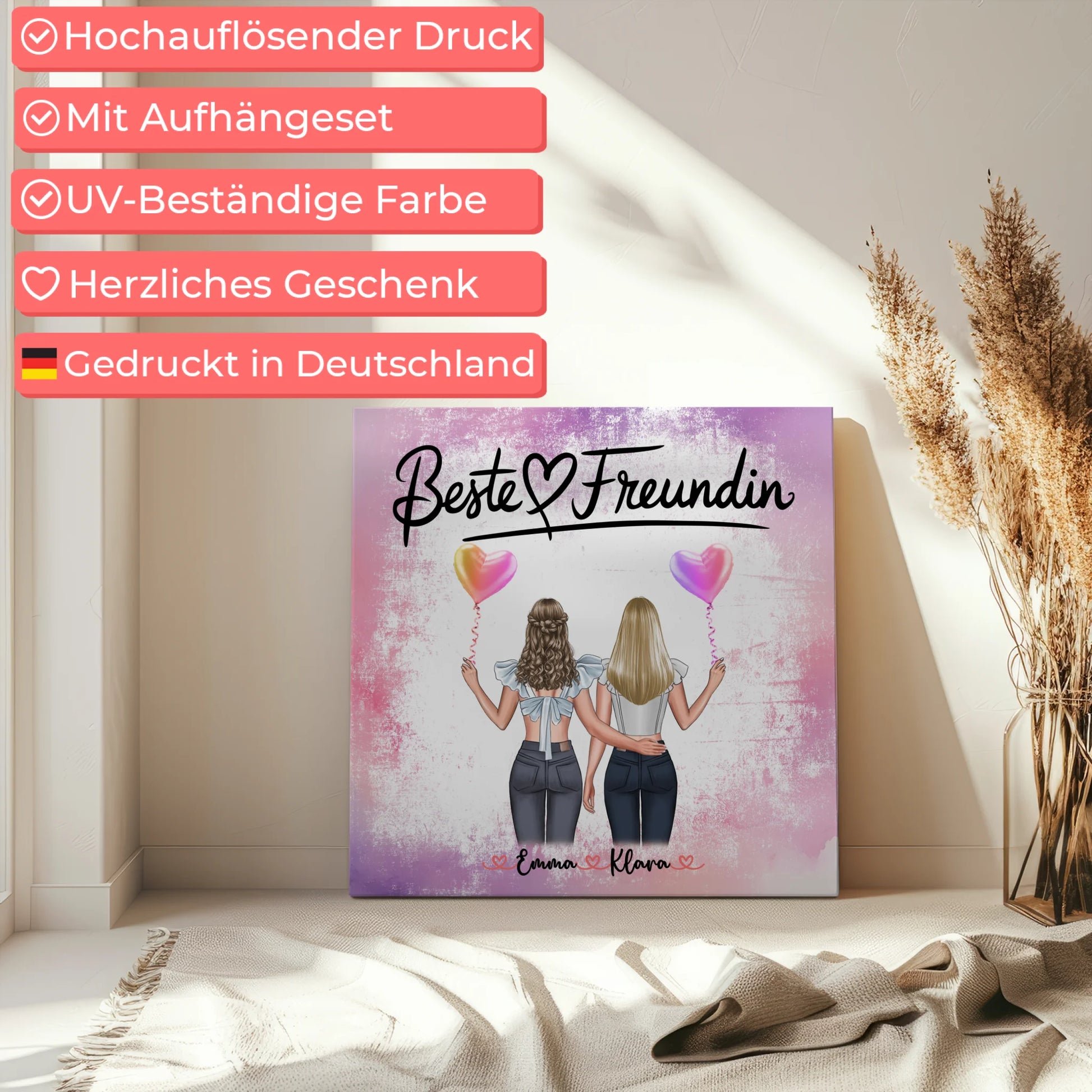 Geschenk beste Freundin personalisierte Leinwand mit 2 Clipart-Frauen, Namen & Wunschtext 5