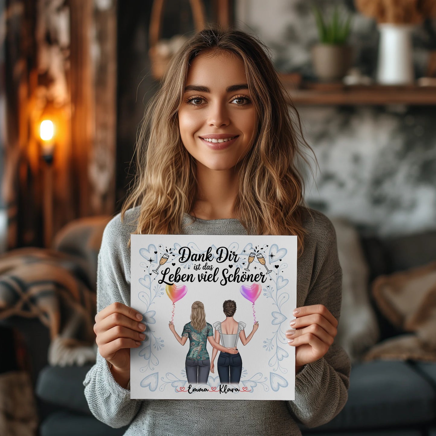 Beste Freundin Geschenk Fotoboard mit 2 Clipart Frauen, Namen & eigenem Spruch