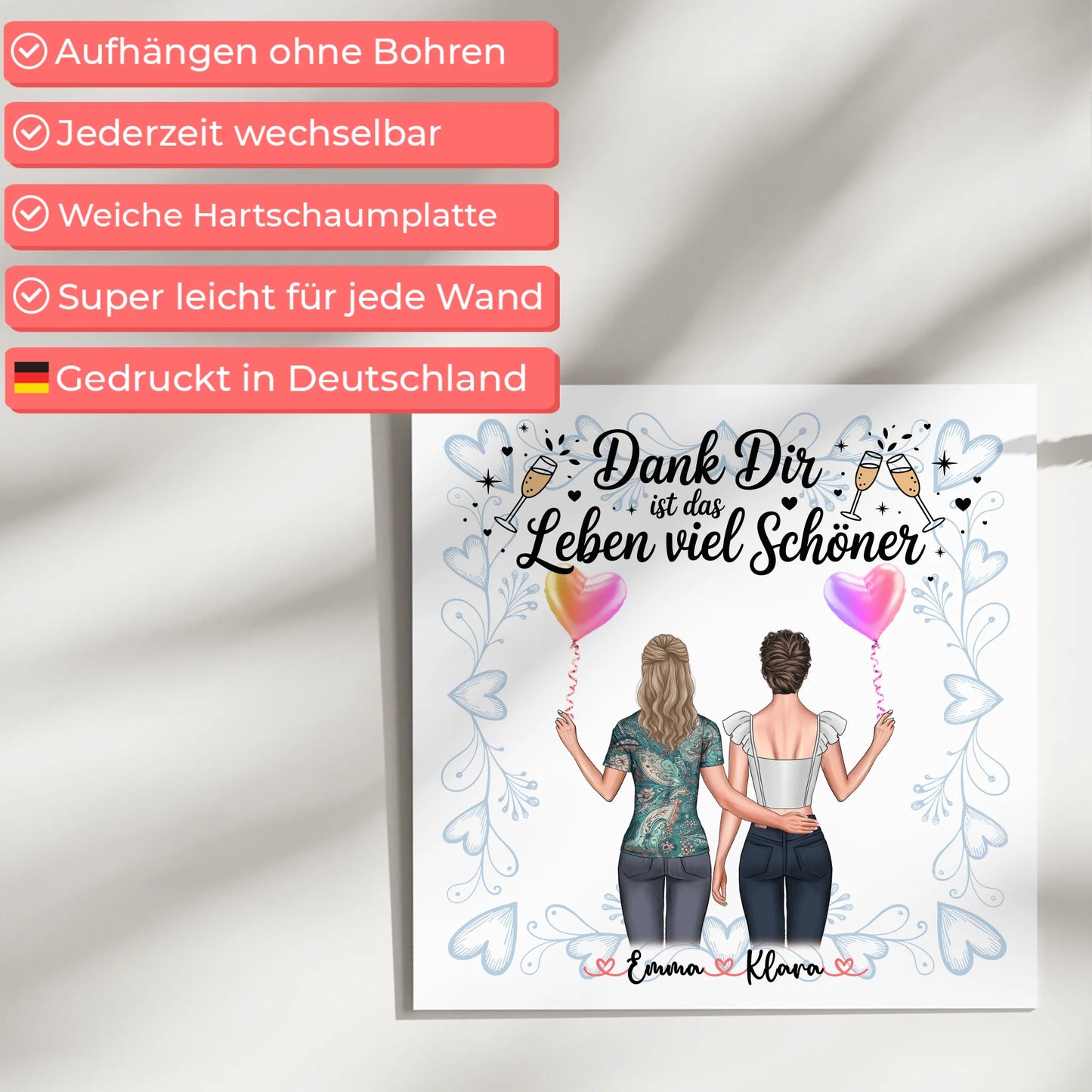 Beste Freundin Geschenk Fotoboard mit 2 Clipart Frauen, Namen & eigenem Spruch