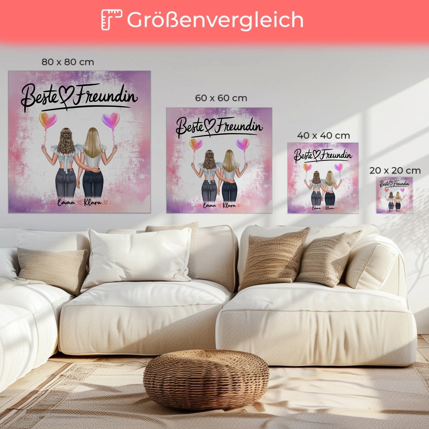 Geschenk beste Freundin personalisierte Leinwand mit 2 Clipart-Frauen, Namen & Wunschtext 6
