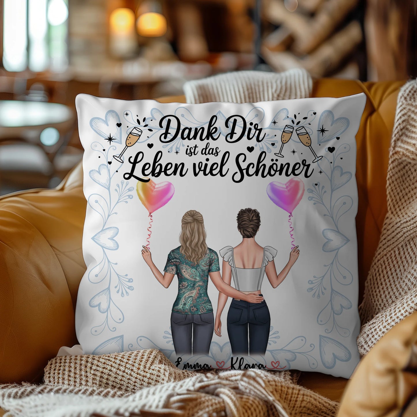 personalisiertes Kissen beste Freundin mit 2 Clipart Frauen Namen & Wunschtext