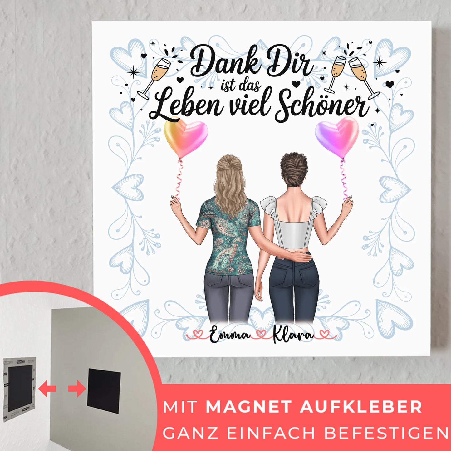 Beste Freundin Geschenk Fotoboard mit 2 Clipart Frauen, Namen & eigenem Spruch