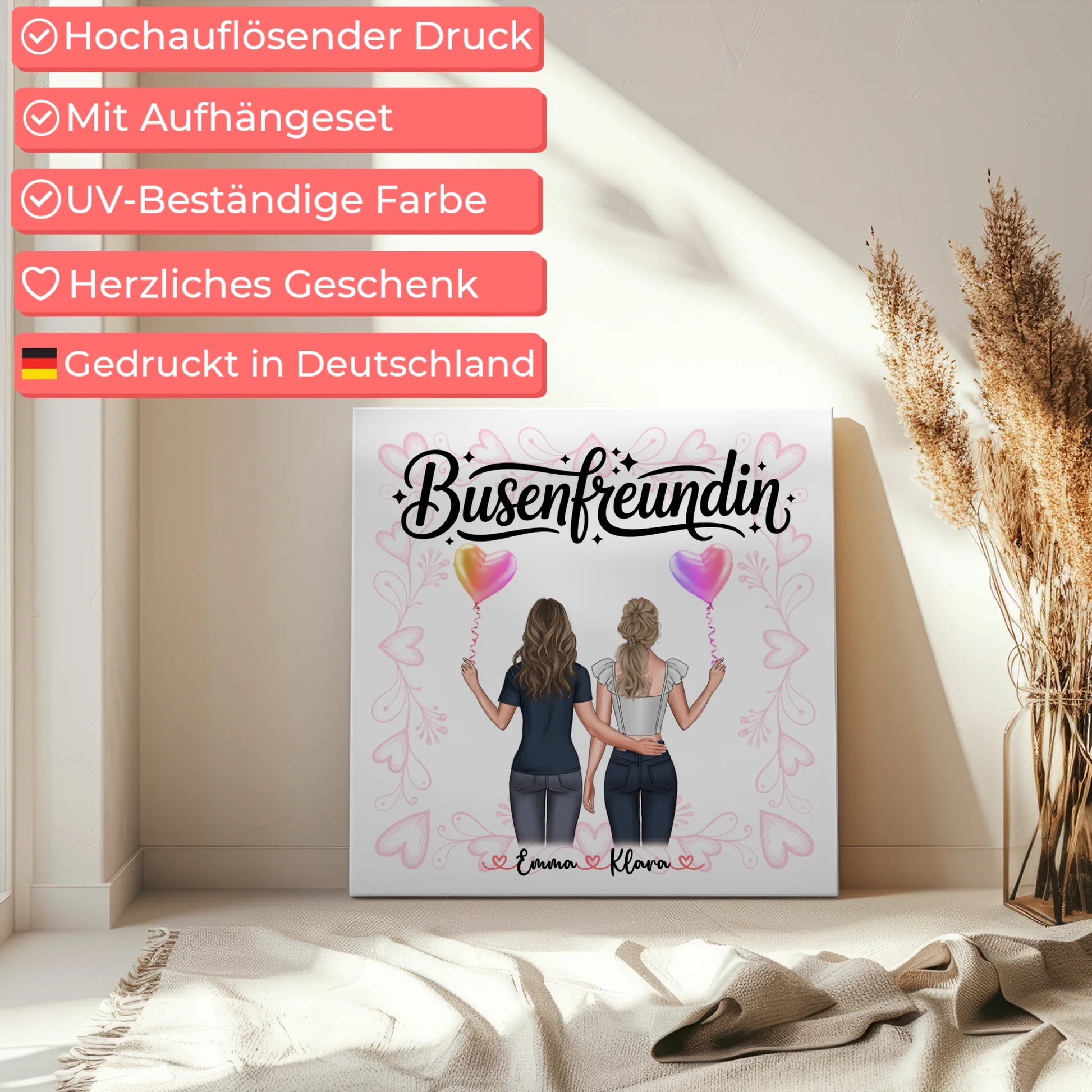 Personalisierte Freundinnen-Leinwand mit zwei Clipart-Frauen, Namen und Spruch 5