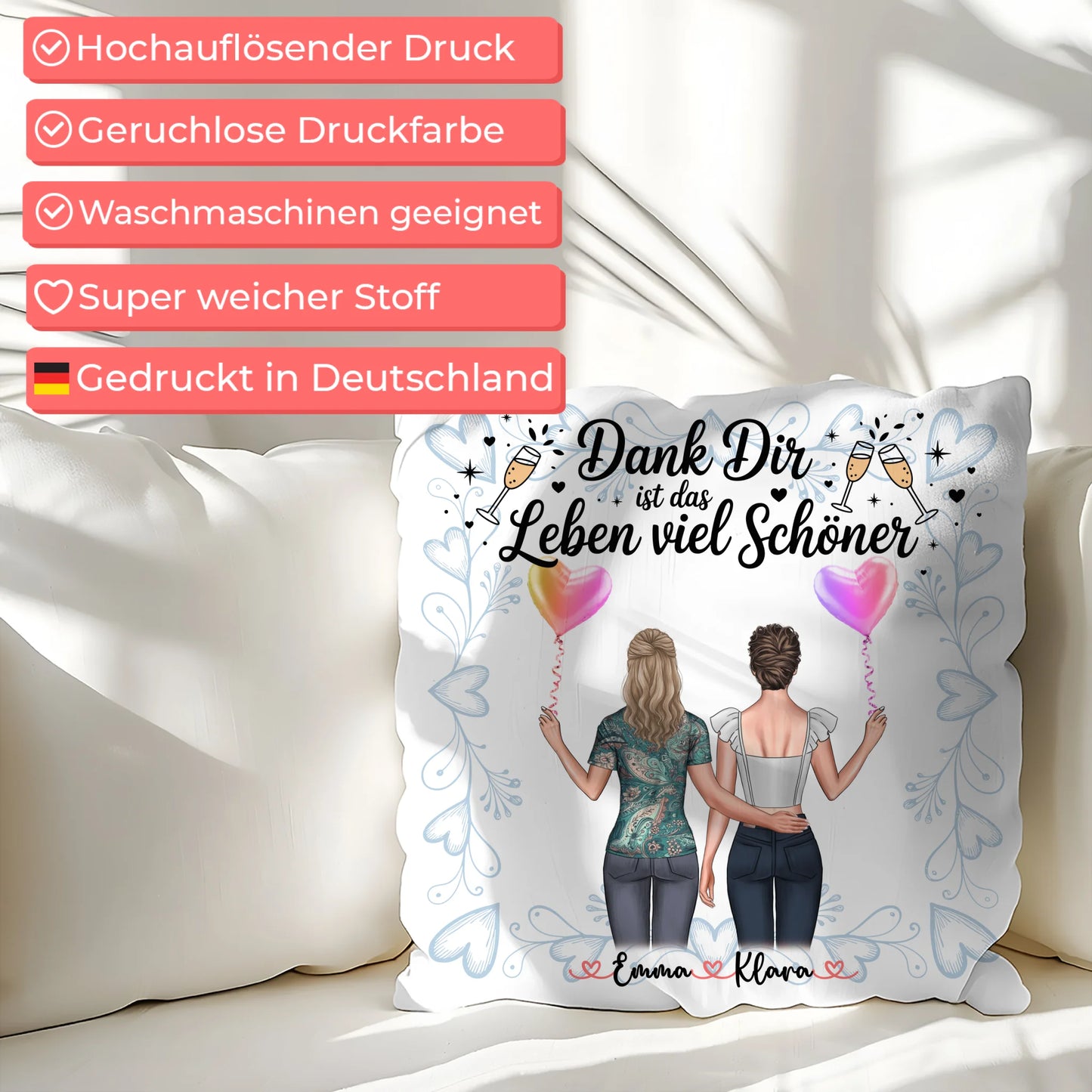 personalisiertes Kissen beste Freundin mit 2 Clipart Frauen Namen & Wunschtext