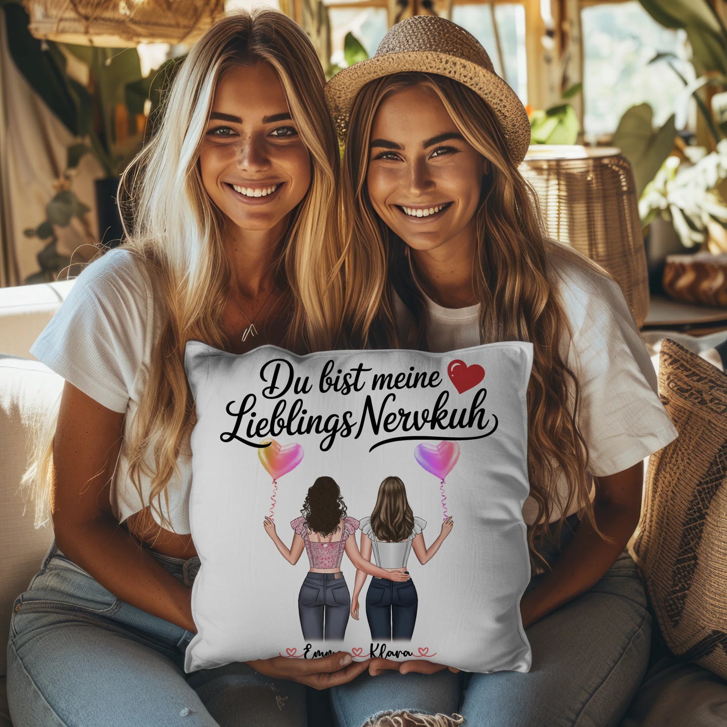 Beste Freundin Kissen personalisierbar mit 2 Clipart Frauen, Namen, Hintergrund & Wunschtext