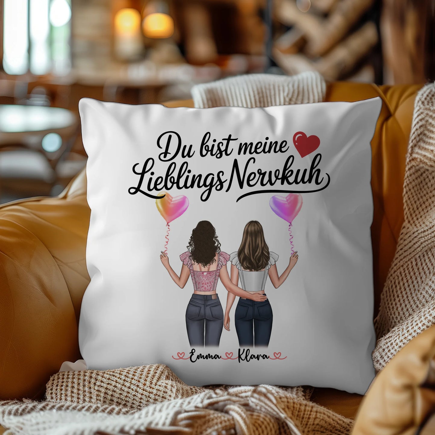 Beste Freundin Kissen personalisierbar mit 2 Clipart Frauen, Namen, Hintergrund & Wunschtext