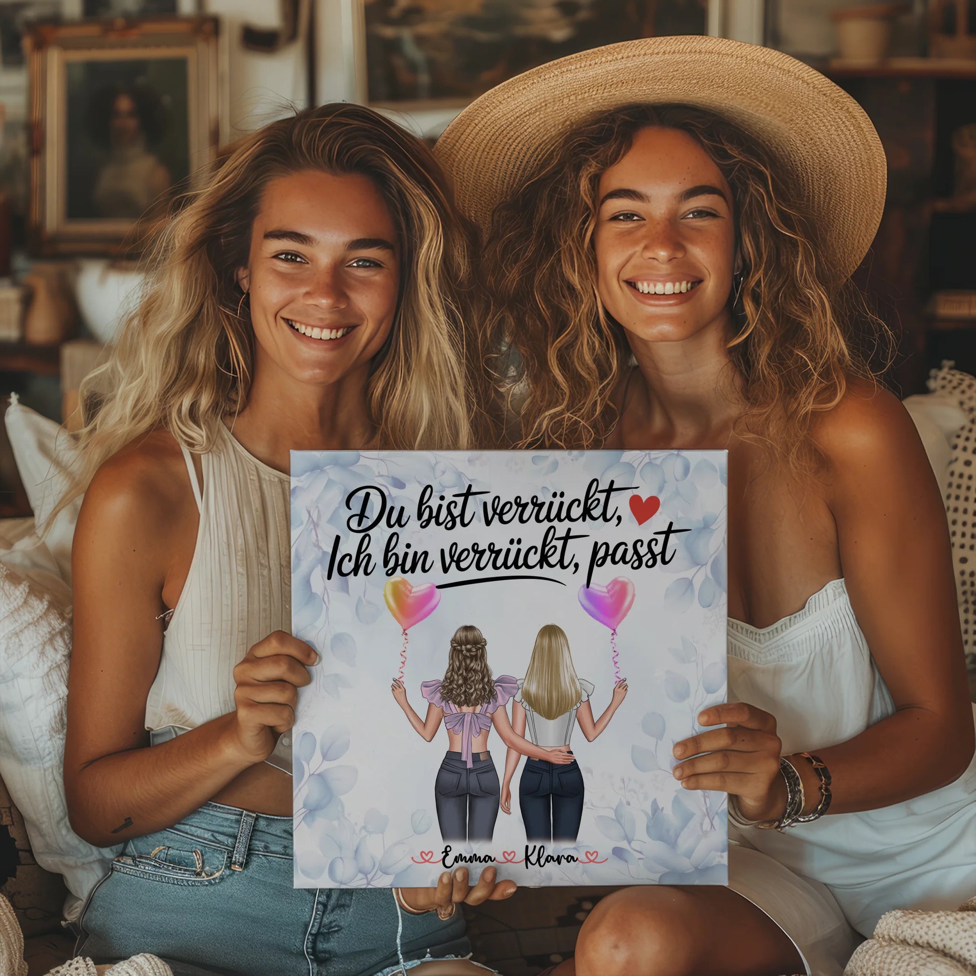 Personalisierte Leinwand für Freundinnen mit 2 Clipart-Frauen, Namen & Spruch 2